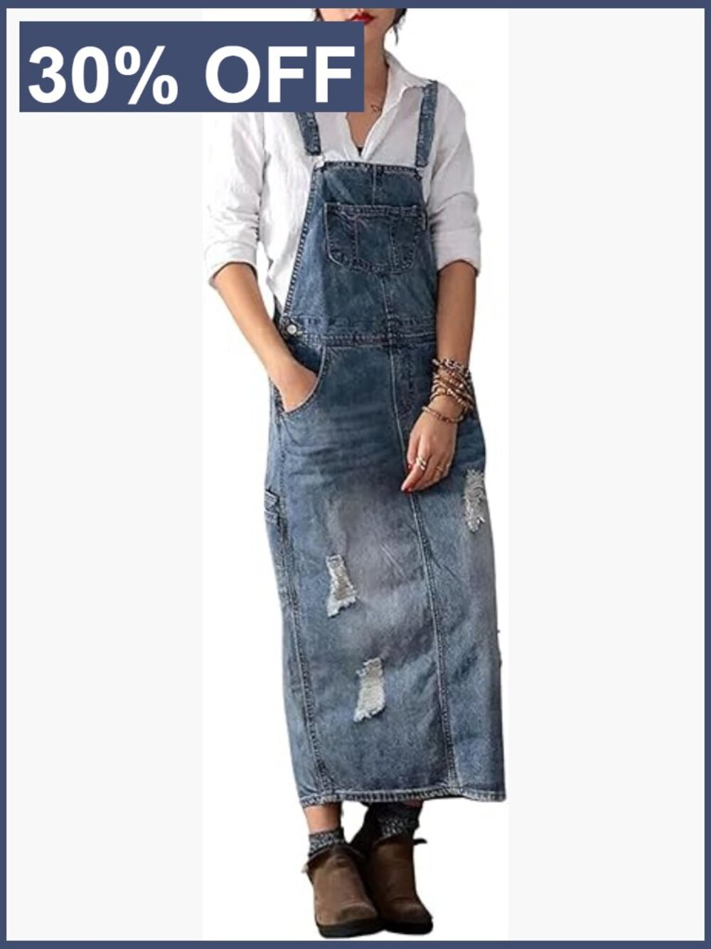 Adjustable Strap Distressed Denim Overall Dress A-Line Pinafore Jean Dress with